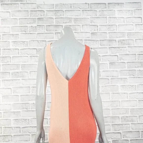 STAUD Dana Ribbed ColorBlock Mide Dress in Orange Peach Size Large - Picture 10 of 10